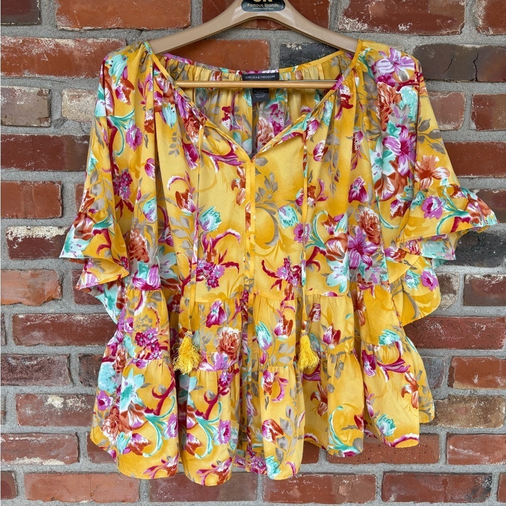Chelsea and Theodore Yellow Floral Flowy Tassle Top